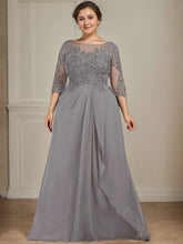 A-line Scoop Illusion Floor-Length Chiffon Lace Mother of the Bride Dress With Beading Sequins Cascading Ruffles